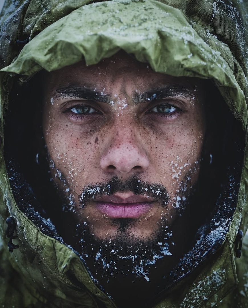 Jordan Fife on a winter shoot in a hooded jacket